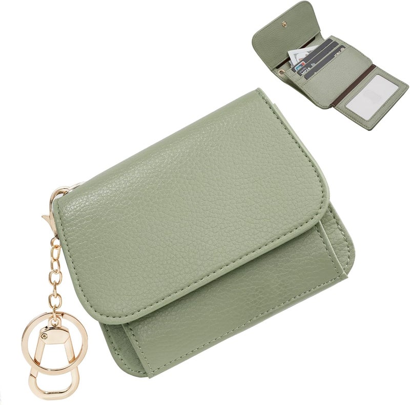 Sunpour Women Small Wallet RFID Blocking Slim Wallet with Coin Pocket Tri-Fold Credit Card Holder with ID Window and Keychain(Light Green) - Image 1